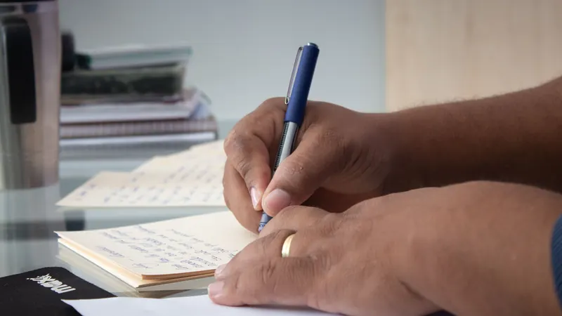 Une main écrit une réponse au stylo sur une feuille