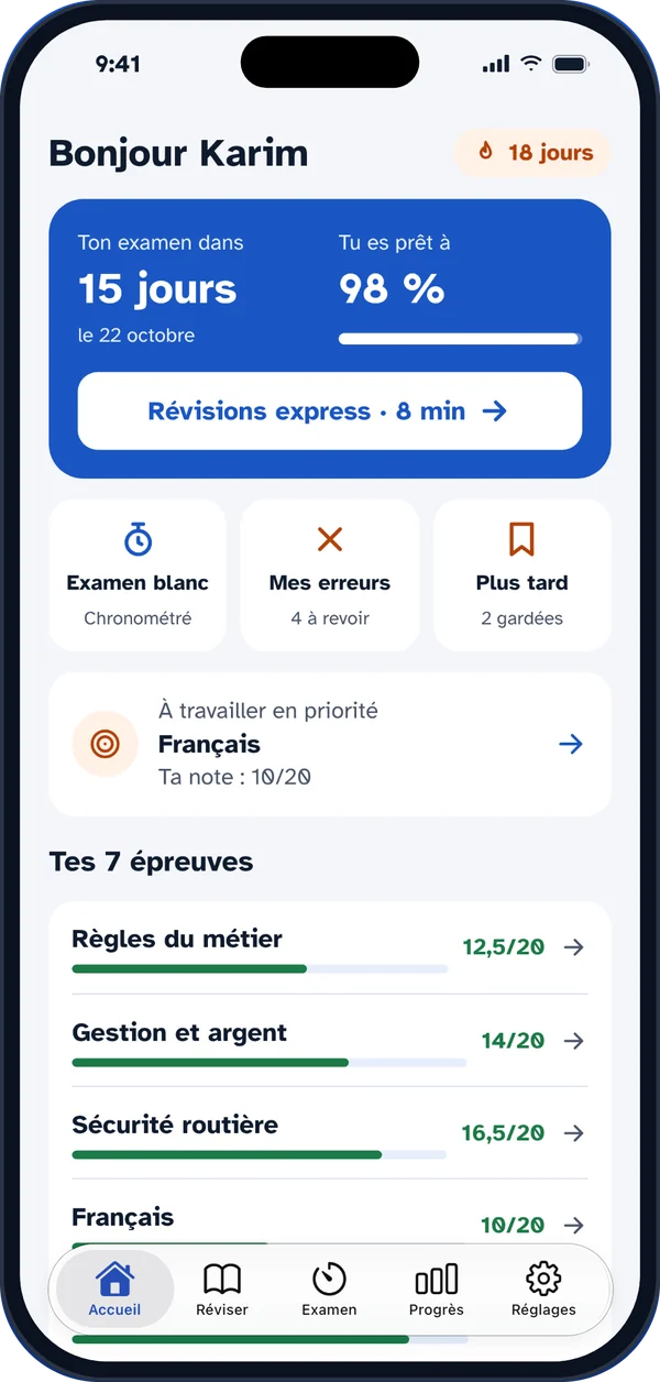 L'accueil de l'app Révisions VTC : le compte à rebours avant l'examen et l'épreuve à travailler en priorité