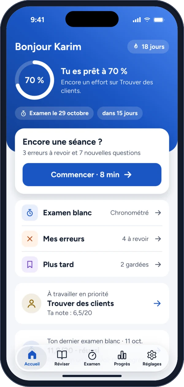 L'accueil de l'app Révisions VTC : le compte à rebours avant l'examen et l'épreuve à travailler en priorité