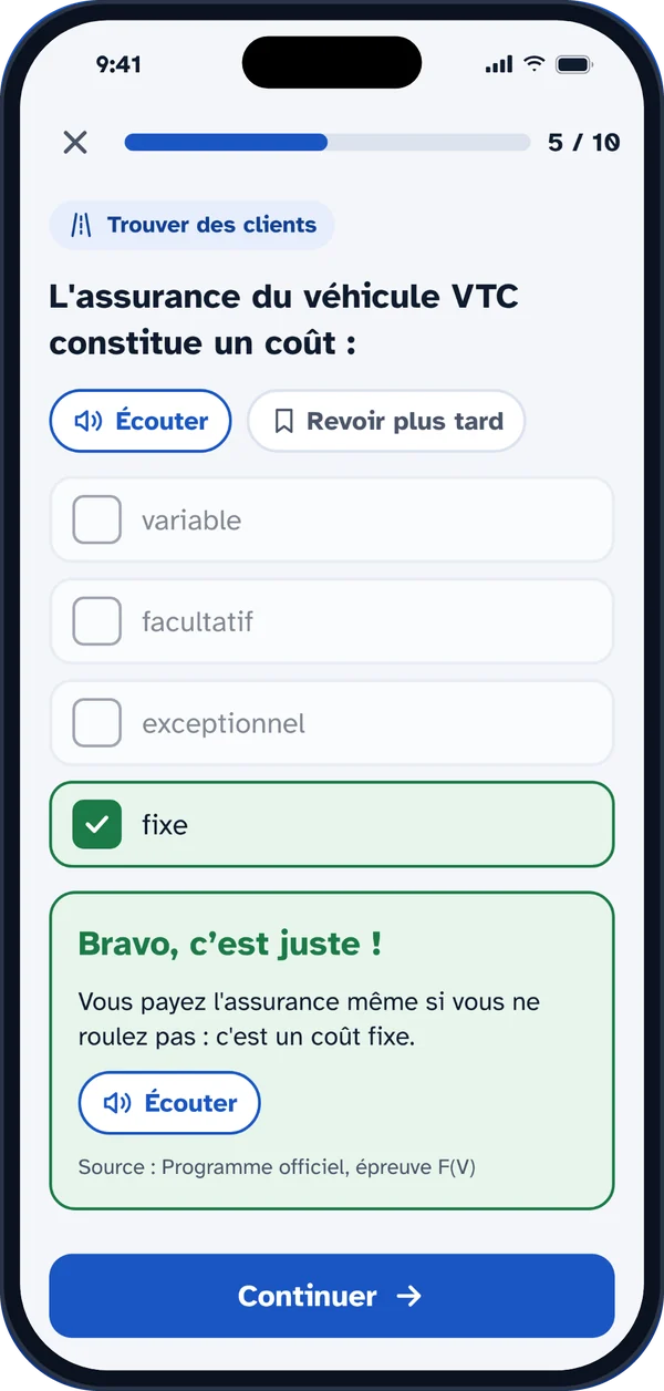Une question de l'app Révisions VTC avec la bonne réponse et son explication