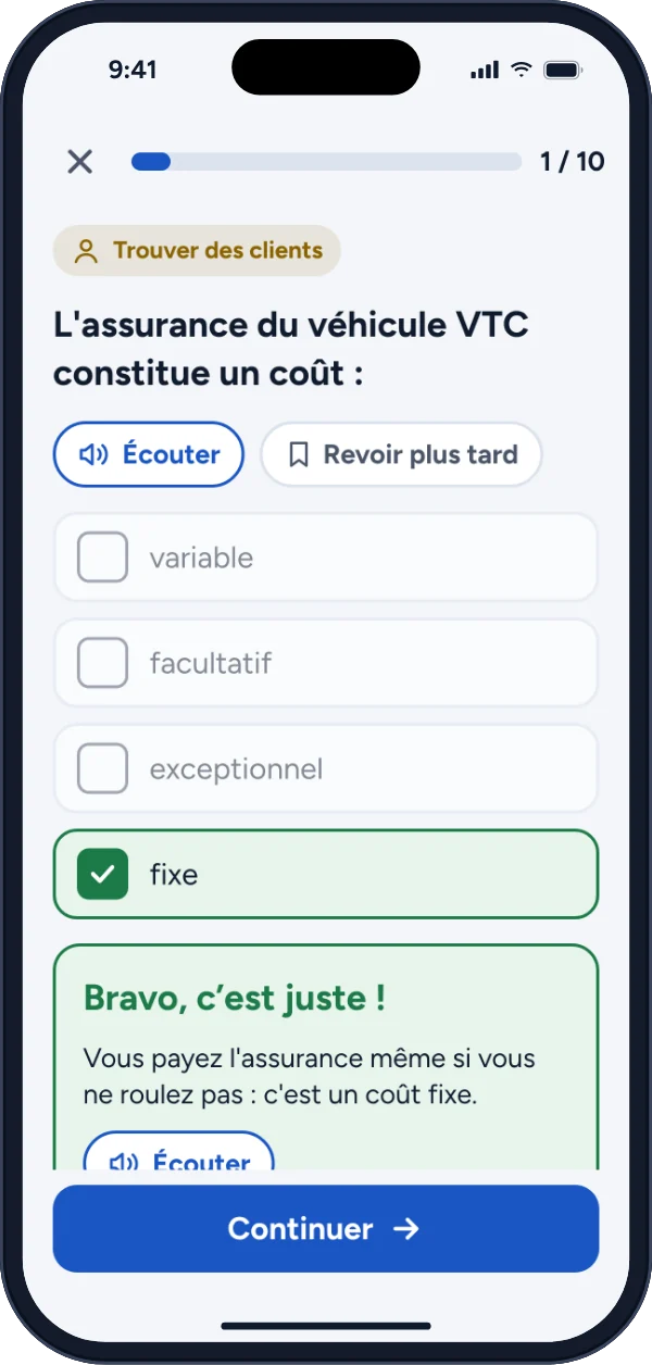 Une question de l'app Révisions VTC avec la bonne réponse et son explication